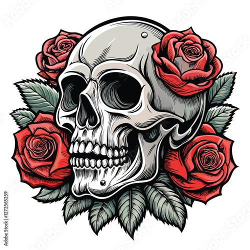 A bold, vintage-style skull adorned with vibrant, blooming roses; detailed textures, dark background.