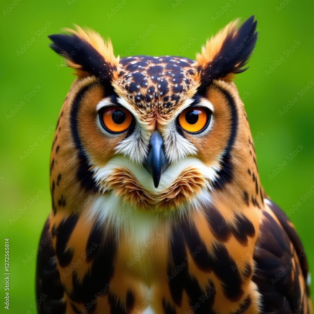 Fototapeta premium Eurasian eagle owl portrait, bright orange eyes, soft green backdrop, day, green
