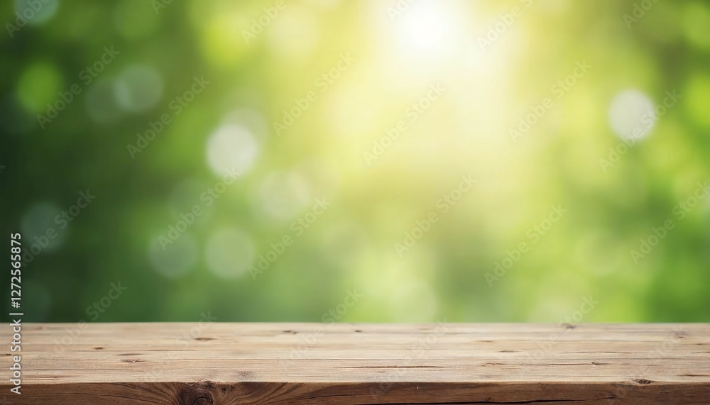wooden background with green bokeh