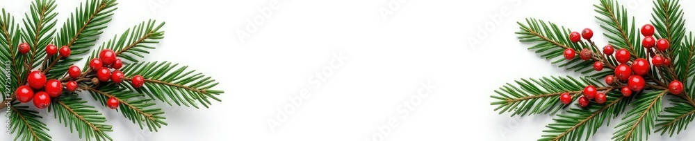 Evergreen branches with red berries on a white background isolated, ornaments, foliage Evergreen branches with red berries on a white background isolated, ornaments, foliage
