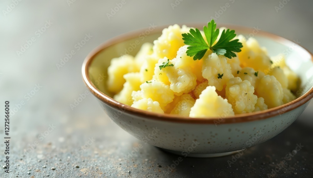 Fluffy potato salad, parsley sprig, speckled stoneware, peas, salad Fluffy potato salad, parsley sprig, speckled stoneware, peas, salad