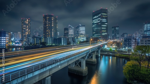 Wallpaper Mural Night cityscape with highway bridge and river, illuminated skyscrapers, light trails. Torontodigital.ca