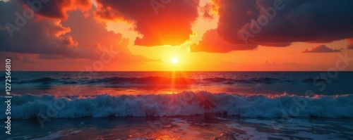 Golden hour sun dips below tranquil ocean, sky ablaze with fiery hues, picture, eventide