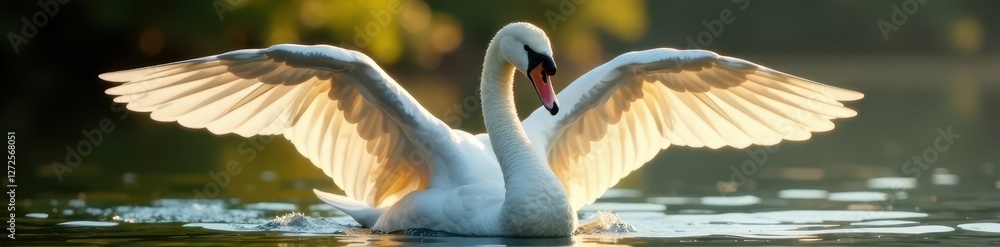 Obraz premium Majestic white swan with broad wings, sunlit feathers gleaming , wings, wild, spring