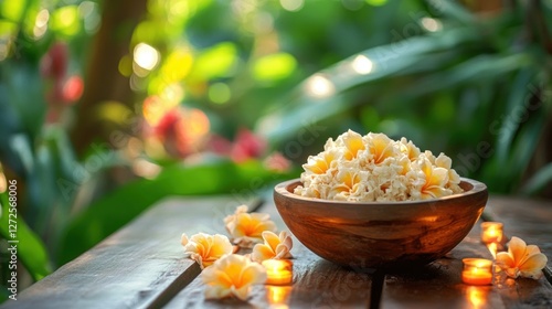 Tranquil Spa Setting: Plumeria Flowers in Wooden Bowl, Garden Background