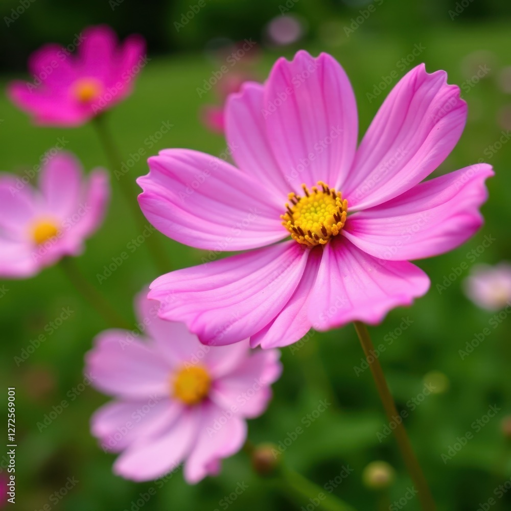 Pink cosmos flower blossoms in a summer garden , spring, illustration Pink cosmos flower blossoms in a summer garden , spring, illustration