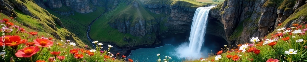 Rugged cliffs, cascading waterfall, vibrant wildflowers, cascade, spring Rugged cliffs, cascading waterfall, vibrant wildflowers, cascade, spring
