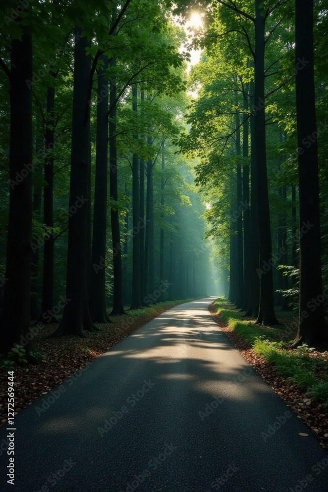 Obraz premium Sunlit Path Through a Verdant Canopy of Trees Leading to a Misty Horizon