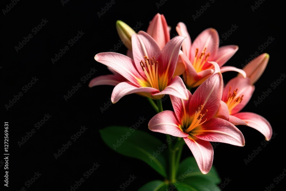 Fototapeta premium Several pristine lilies, fully opened, against solid black , design, botanical