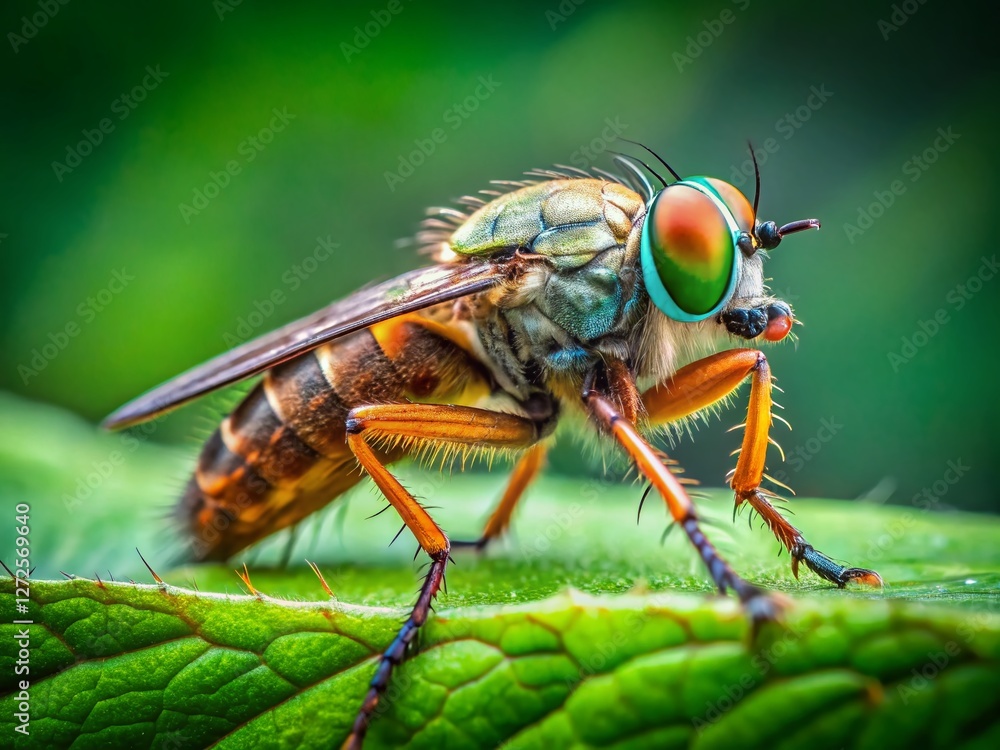 Robber Fly on Leaf with Bokeh Background - Macro Stock Photo Robber Fly on Leaf with Bokeh Background - Macro Stock Photo