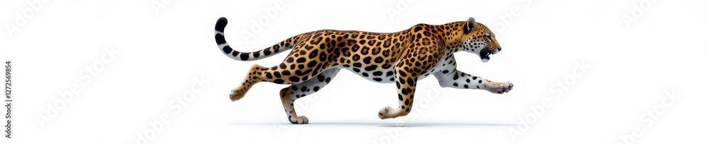 Naklejka premium Sleek jaguar in full stride, muscles rippling, white backdrop, sharp, isolated, animal