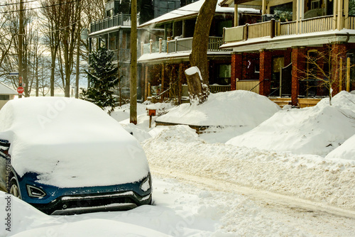 Photography Snow filled residential street in Toronto after a midwinter snow storm shot in t