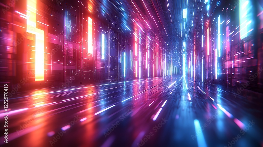 Neon light tunnel, futuristic city, speed, motion blur, abstract background, digital art Neon light tunnel, futuristic city, speed, motion blur, abstract background, digital art