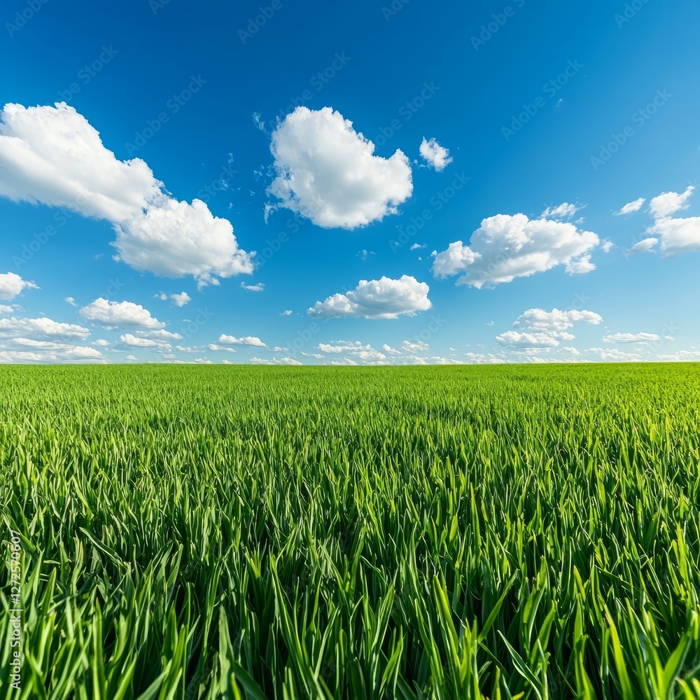 Lush Green Field Under Bright Blue Sky with Fluffy Clouds in Background