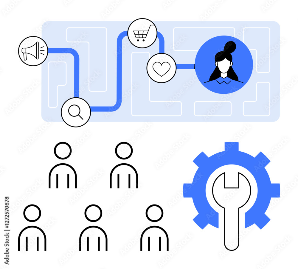 Maze path highlighting search, purchase, engagement woman avatar five user icons cog with wrench. Ideal for marketing, customer journey, user engagement, customer service, digital tools, automation Maze path highlighting search, purchase, engagement woman avatar five user icons cog with wrench. Ideal for marketing, customer journey, user engagement, customer service, digital tools, automation