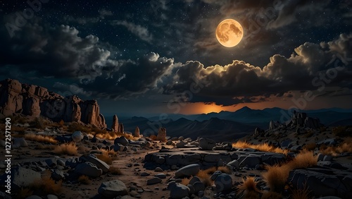 A beautiful midnight image includes a rocky terrain with fiery embers, a sparkling full moon, and dramatic clouds. This haunting site evokes wonder and fascination among the magnificent starry sky.
