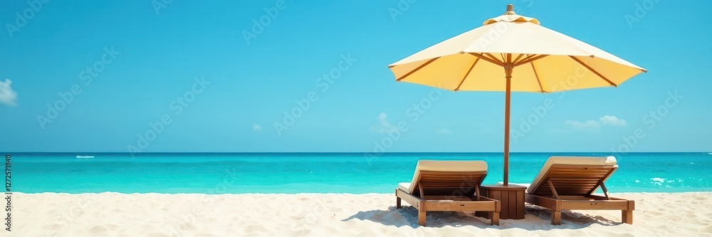 Two sunbeds under beach umbrella, clear blue sky, sleep, idyllic Two sunbeds under beach umbrella, clear blue sky, sleep, idyllic
