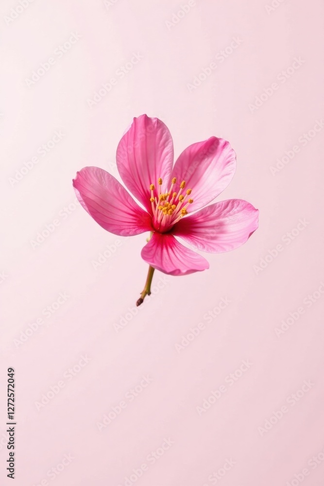 Obraz premium A Delicate Pink Blossom Floats Against a Soft Pink Background, Its Petals Unfurling in Gentle Movement, a Symbol of Spring's Arrival and Natural Beauty