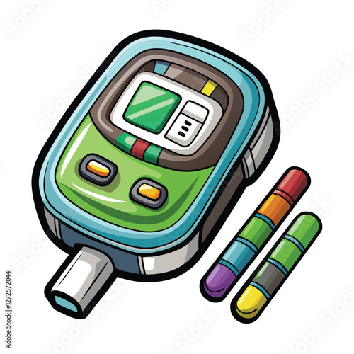 Highly detailed hand-drawn illustration of a realistic glucometer and inserted test strip, showcasing intricate detail and accurate proportions.