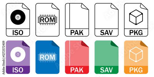 Cuadro en lienzo Set of game file format icons (ISO, ROM, PAK, SAV, PKG) in outline and color styles