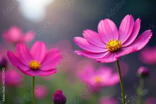 Vibrant pink & purple cosmos in full bloom, soft focus , cosmos, romantic