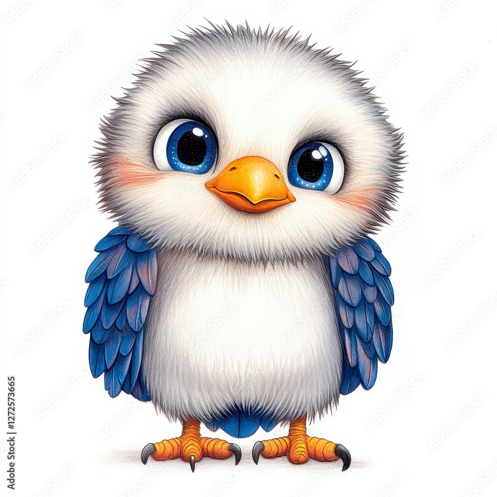 Naklejka premium Adorable Fluffy Baby Bird Illustration With Large Blue Eyes And Orange Beak