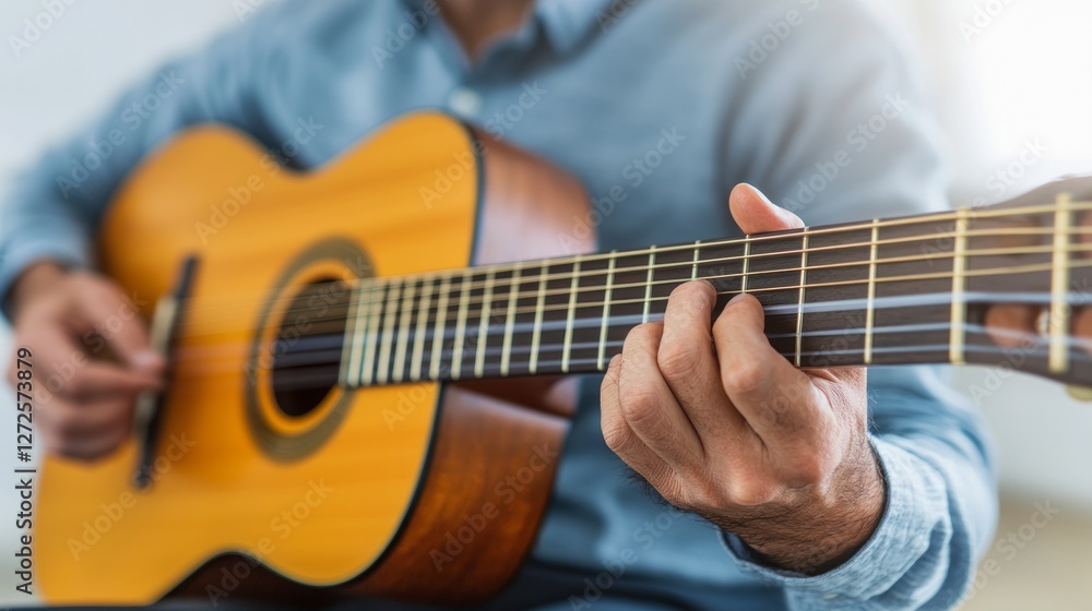 Fototapeta premium Man playing acoustic guitar indoors, showcasing skill and passion in music