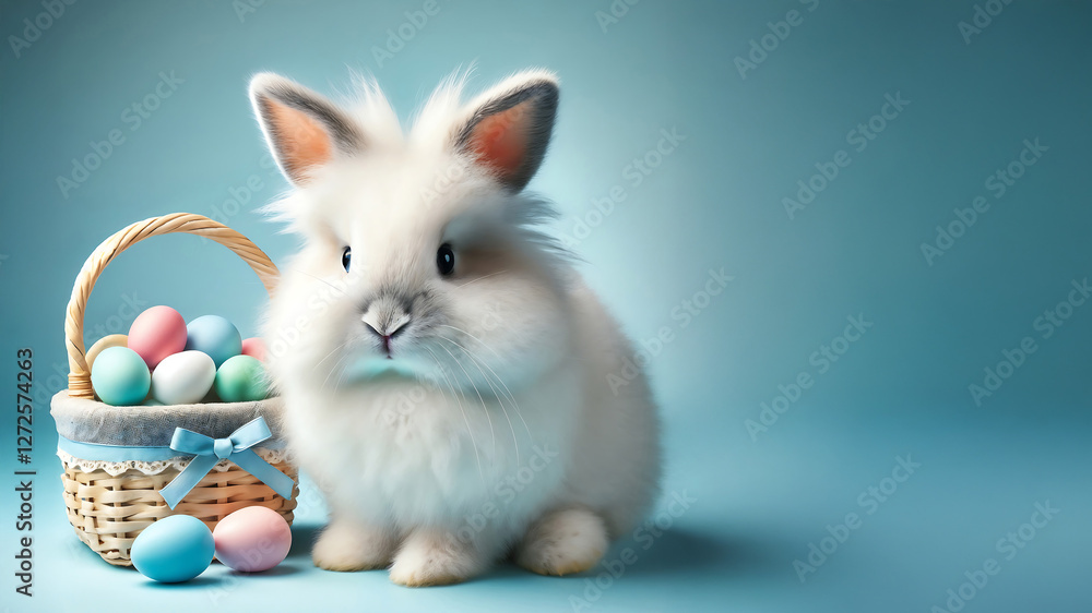 Fototapeta premium Adorable Fluffy White Bunny with a Woven Easter Basket Full of Pastel Eggs 