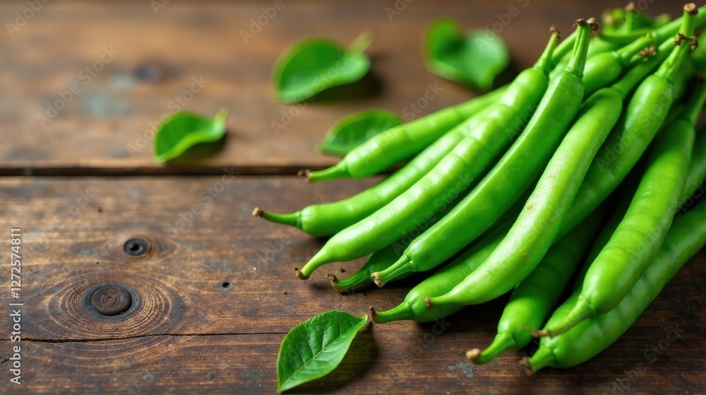 A vibrant collection of fresh broad beans, nestled together on a rustic wooden surface, adorned with their delicate green leaves. A vibrant collection of fresh broad beans, nestled together on a rustic wooden surface, adorned with their delicate green leaves.