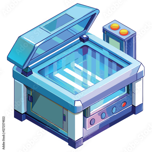 Generate a photorealistic image of a highly detailed UV sterilization box with a transparent lid, showcasing its internal UV-C lamps.  Emphasis on intricate details and realistic materials.