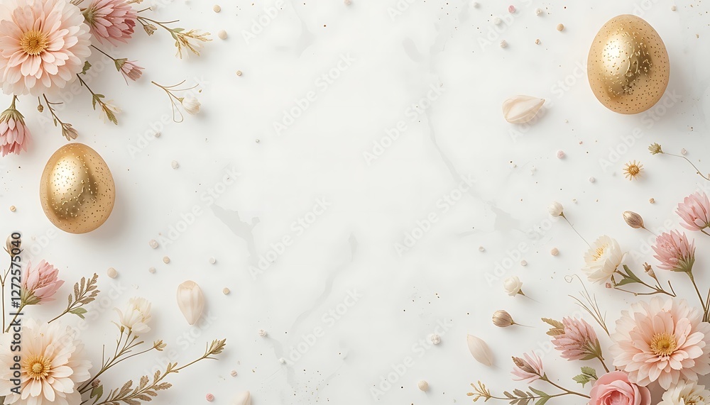 Obraz premium Elegant Easter Background with Golden Eggs and Soft Pink Flowers