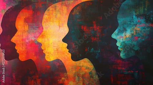 Expressive abstract art of multiple stacked heads in silhouette