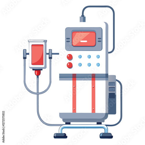 Generate a photorealistic image of a modern dialysis machine, showcasing the blood filter and tubing in detail.  Include clear labels for key components.