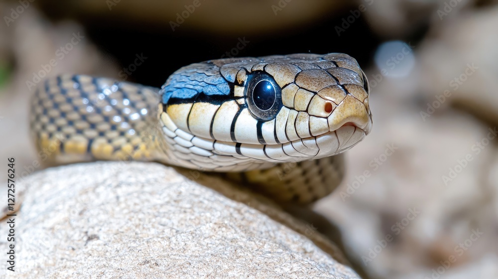 Obraz premium Wild snake with blue and yellow scales rests on a stone in its natural rocky habitat during the day.