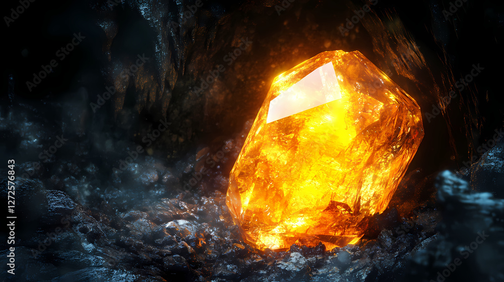 Luminous golden gemstone rests within dark cave. Radiant Crystal Caverns. Illustration Luminous golden gemstone rests within dark cave. Radiant Crystal Caverns. Illustration