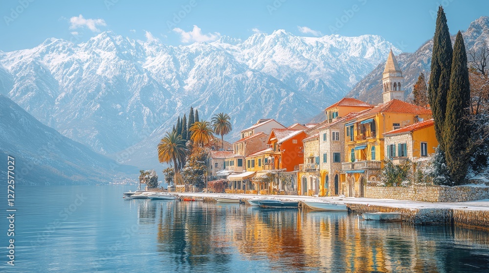 Fototapeta premium Snowy coastal village, mountains, calm waters, winter tourism