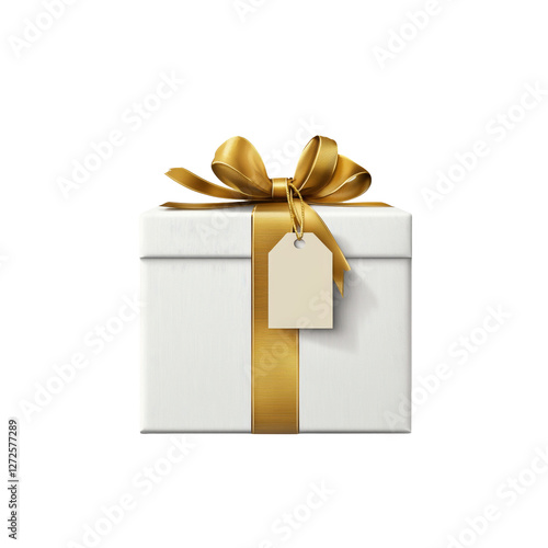 Realistic White gift box with golden ribbon, isolated png.