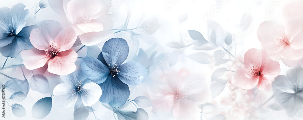 Soft pastel floral background with delicate flowers in shades of blue and pink. Soft pastel floral background with delicate flowers in shades of blue and pink.