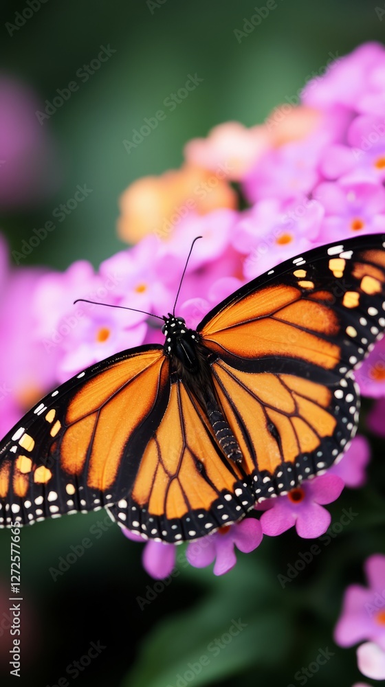 Naklejka premium Monarch butterfly perched on vibrant flowers in a lush garden setting