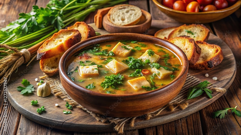 Rustic Portuguese Acorda Bread Soup: Fresh Herbs & Toasted Bread, Mediterranean Cuisine Rustic Portuguese Acorda Bread Soup: Fresh Herbs & Toasted Bread, Mediterranean Cuisine