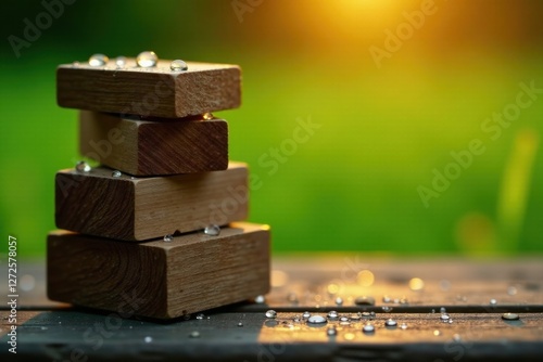 Serene Stack of Wooden Blocks with Dew Drops in a Natural Setting