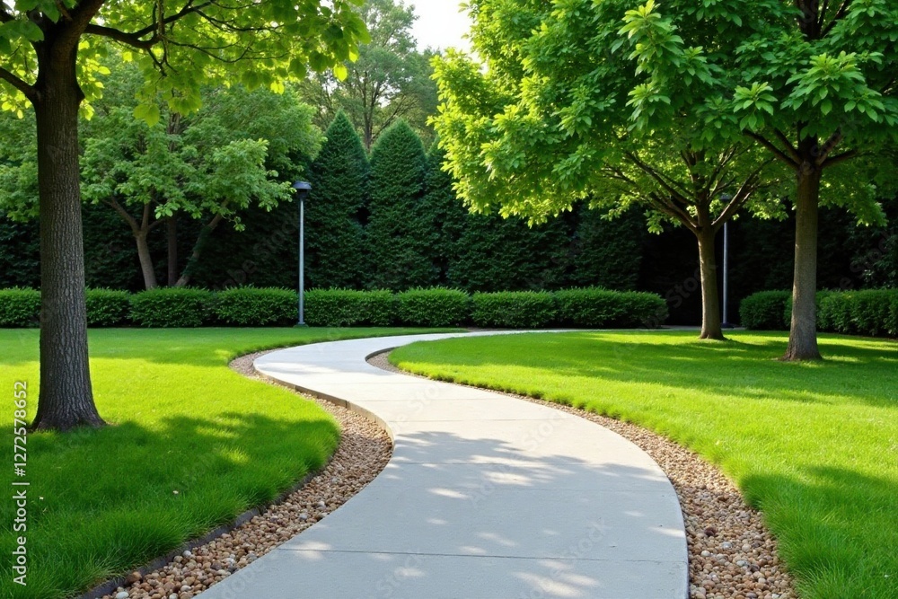 Serene Winding Pathway Through Lush Green Landscape with Mature Trees and Neat Shrubbery Serene Winding Pathway Through Lush Green Landscape with Mature Trees and Neat Shrubbery