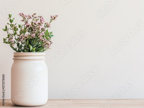 Wallpaper Mural Pale Pink Flowers in White Jar on Wooden Table Torontodigital.ca
