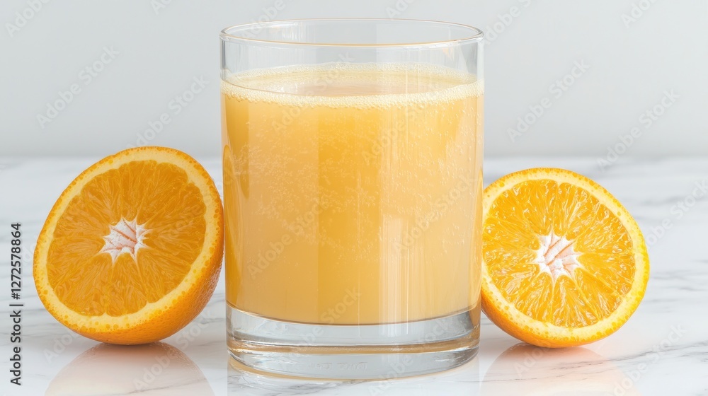 Fresh orange juice in glass, halves, marble. Healthy breakfast drink Fresh orange juice in glass, halves, marble. Healthy breakfast drink