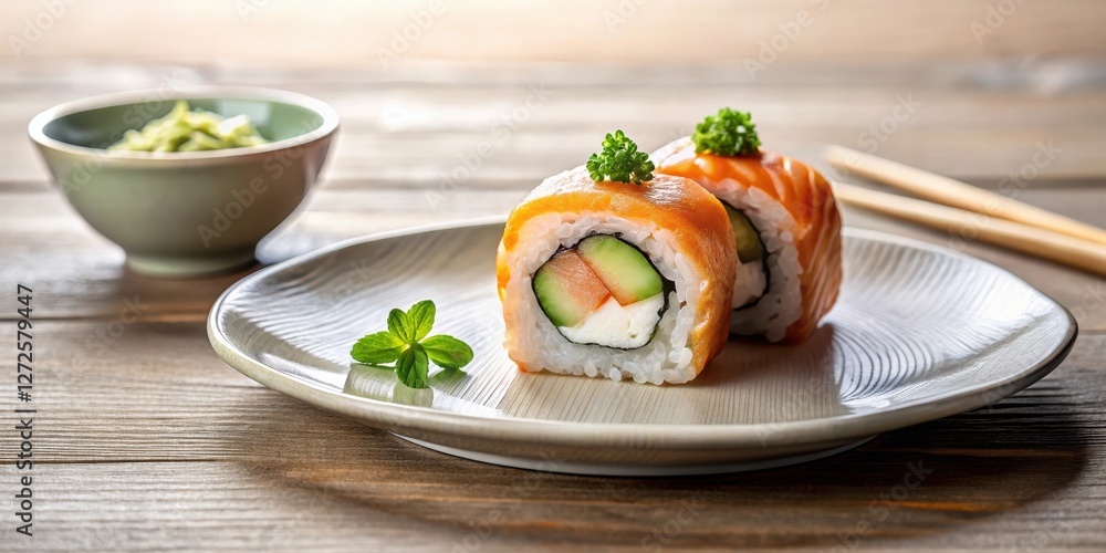 Delicious salmon sushi rolls artfully arranged on a plate, garnished with fresh herbs, alongside a small bowl of wasabi. Delicious salmon sushi rolls artfully arranged on a plate, garnished with fresh herbs, alongside a small bowl of wasabi.