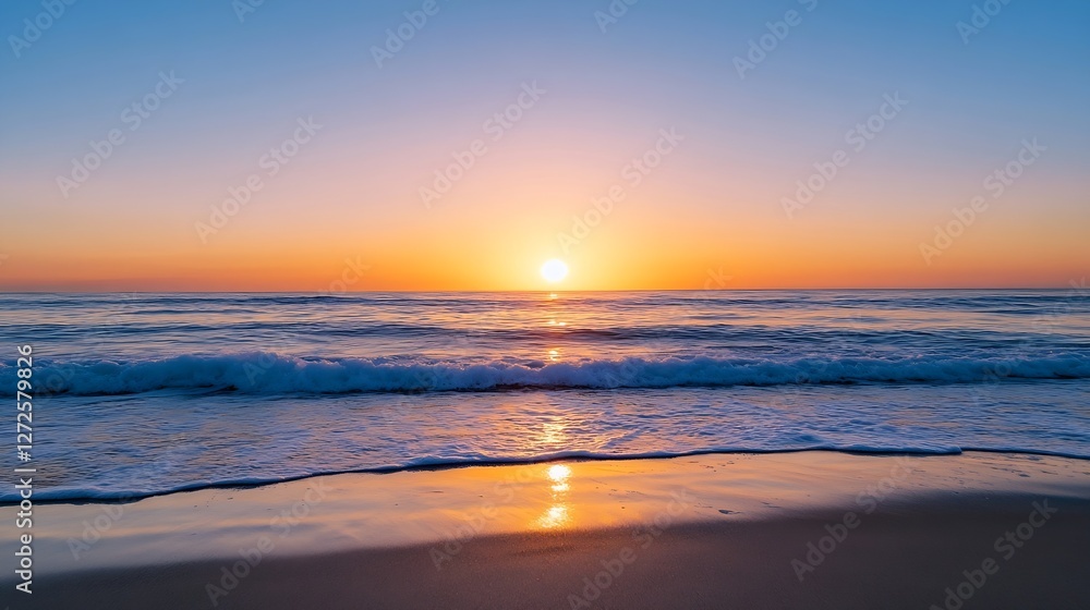 Breathtaking sunset over ocean waves creating a stunning view of vibrant colors reflecting on sandy beach : Generative AI Breathtaking sunset over ocean waves creating a stunning view of vibrant colors reflecting on sandy beach : Generative AI