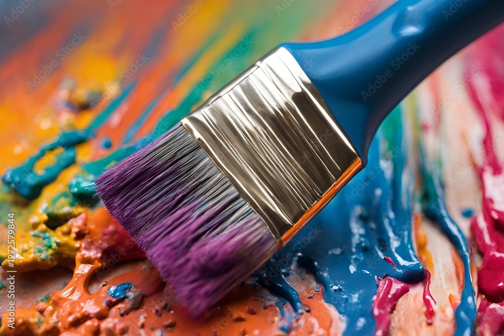 Fototapeta premium Close up of a paintbrush dipped in vibrant blue paint, with bristles capturing delicate details.