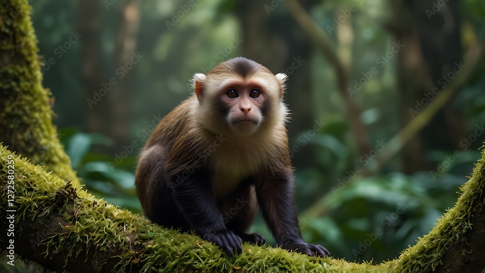 Fototapeta premium Monkey on mossy tree branch in forest