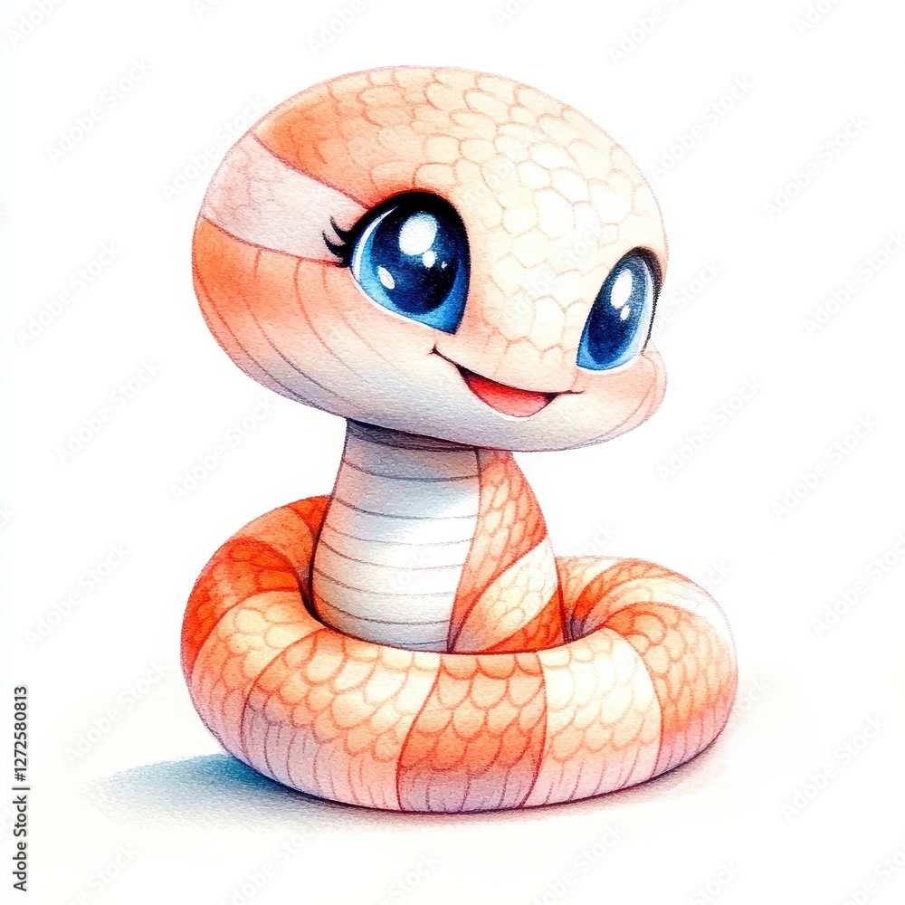 Fototapeta premium Adorable Peach Colored Cartoon Snake With Big Blue Eyes On White Background