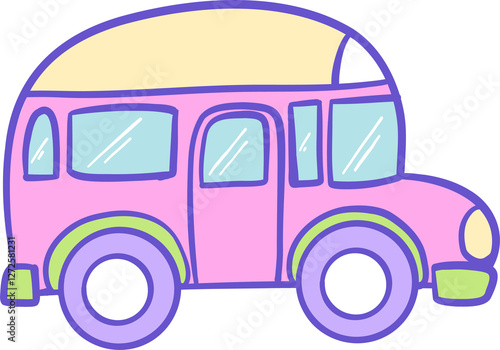 A fun and colorful cartoon-style illustration of a pastel pink bus with blue windows, green accents, and a whimsical hand-drawn design